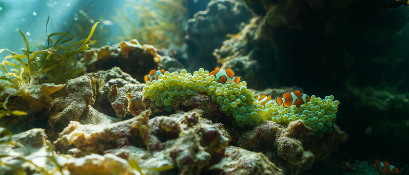 AI generator images of Clownfish looking for plankton and food near sea grapes or green cavier seaweed on the coast of sea, ocean