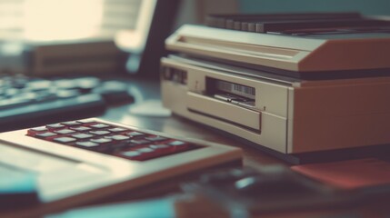Vintage Desktop Setup with Calculator and Floppy Drive