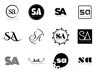 SA logo company template. Letter s and a logotype. Set different classic serif lettering and modern bold text with design elements. Initial font typography.