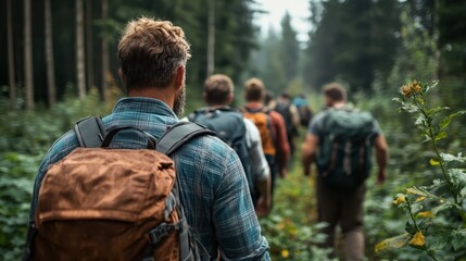 The image displays a group navigating through a lush, verdant forest path surrounded by thick foliage, symbolizing togetherness and adventure of the spirit.