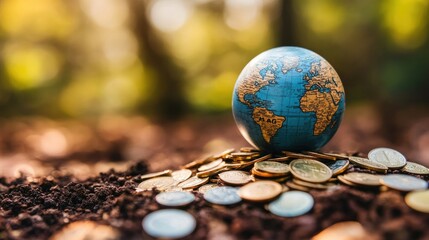 Miniature world globe atop a pile of coins, reflecting environmental progress and sustainable economics.