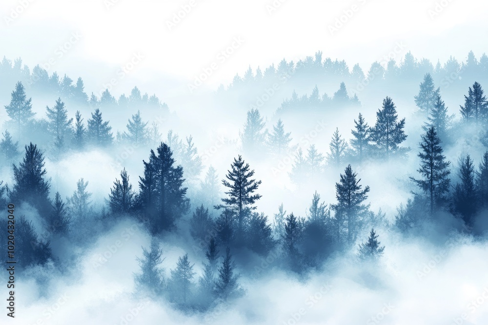 Poster this watercolor background depicts a wild coniferous forest in fog with fir trees dissolving into th