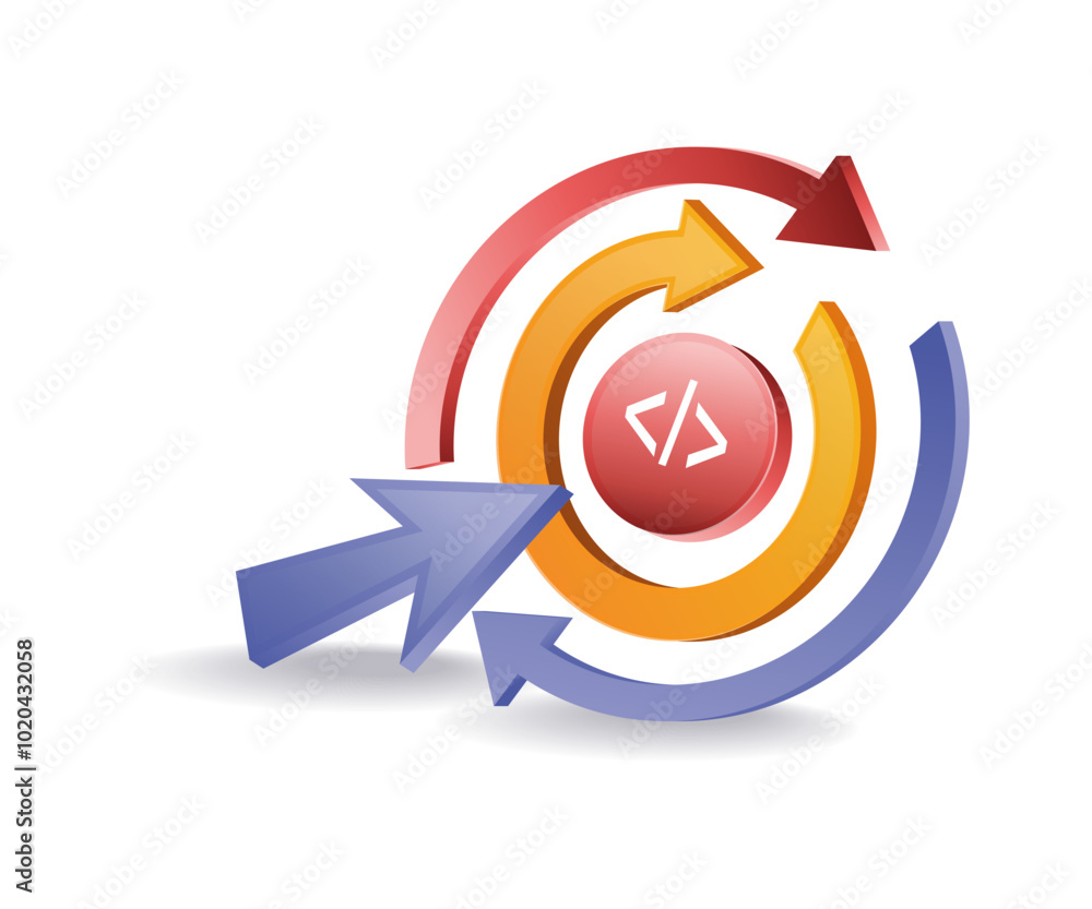 Poster circle arrow rotation program code isometric illustration