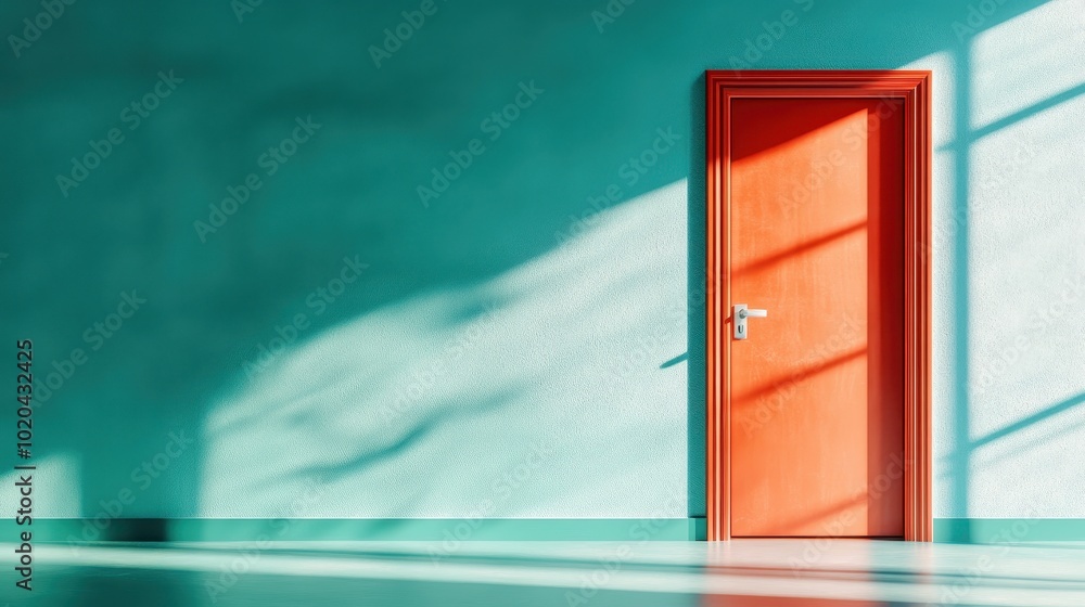 Poster a sunlit space with a red door set sharply against a turquoise wall, with shadows adding depth and c