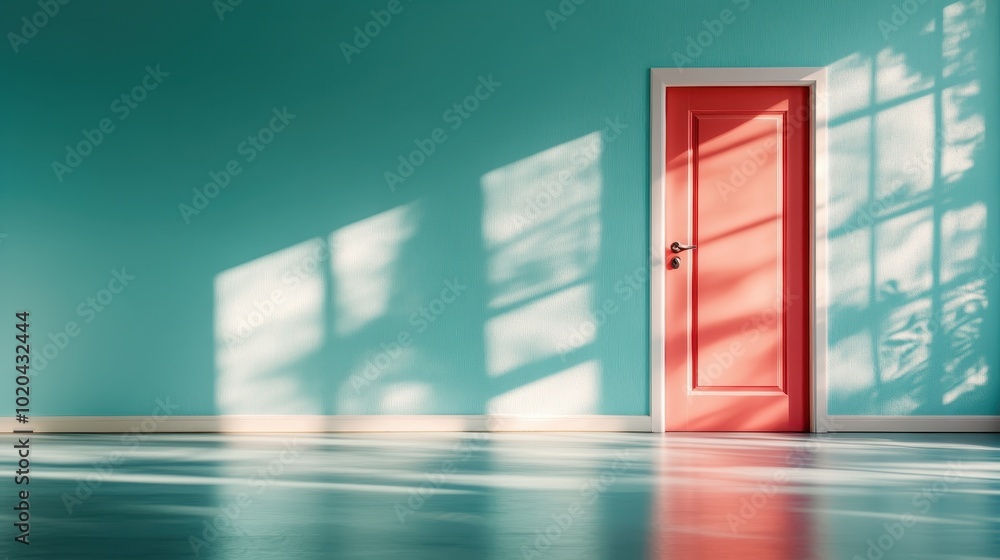 Aufkleber a vividly colored scene showcasing a coral-colored door on a turquoise wall, with sunlight creating 