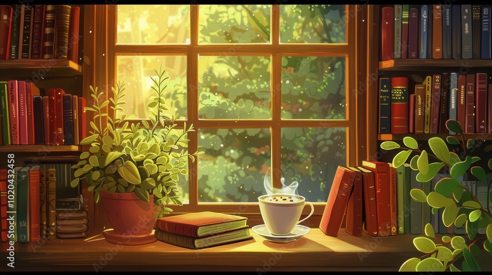 Poster sunlight filters through the window, illuminating books and a steaming cup of coffee, creating a war
