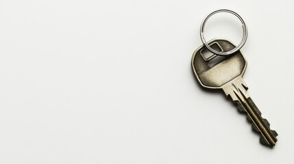 Modern house key lying flat on a white surface, perfect for concepts of home and property ownership.