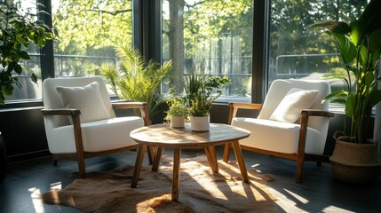 Obraz premium This cozy corner by a large window includes comfortable chairs, various indoor plants, and a wooden table, creating a peaceful and serene environment.