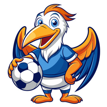 recommend clip art: Pelican Soccer Mascot: A charming cartoon pelican mascot with a bright orange beak, blue jersey, and orange wings, proudly holds a classic black and white soccer ball in his hands.
