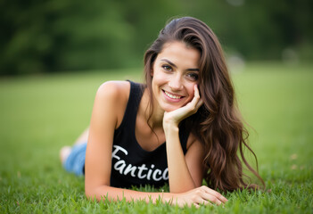 Young woman lying on grass in a park, smiling at the camera