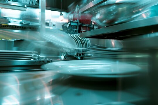 Motion blur captures the movement of plates in a bustling kitchen, embodying the energy and speed of culinary arts. - Powered by Adobe
