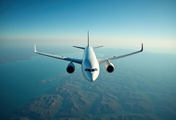 Large commercial airliner flying over mountains