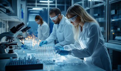 AI generator image of culture for testing medicines,Looking through a microscope in a science lab	