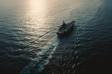 Fototapeta premium A lone aircraft carrier gracefully cuts through the vast ocean under a serene, shimmering sunset, symbolizing strength and solitude.
