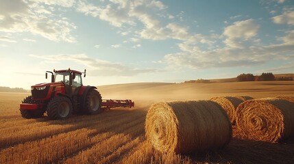 A red tractor working in a field with hay bales.