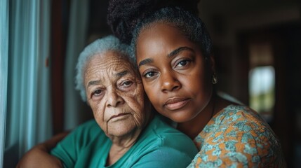 Obraz premium A heartfelt image of two women embracing, conveying deep emotion and connection, with a focus on their eyes and expressions, highlighting family and bonds.