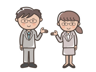 説明（案内、紹介）をする若い男女ビジネスマンのイラスト_メガネ男子とメガネ女子