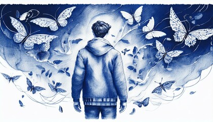 Man standing with blue butterflies