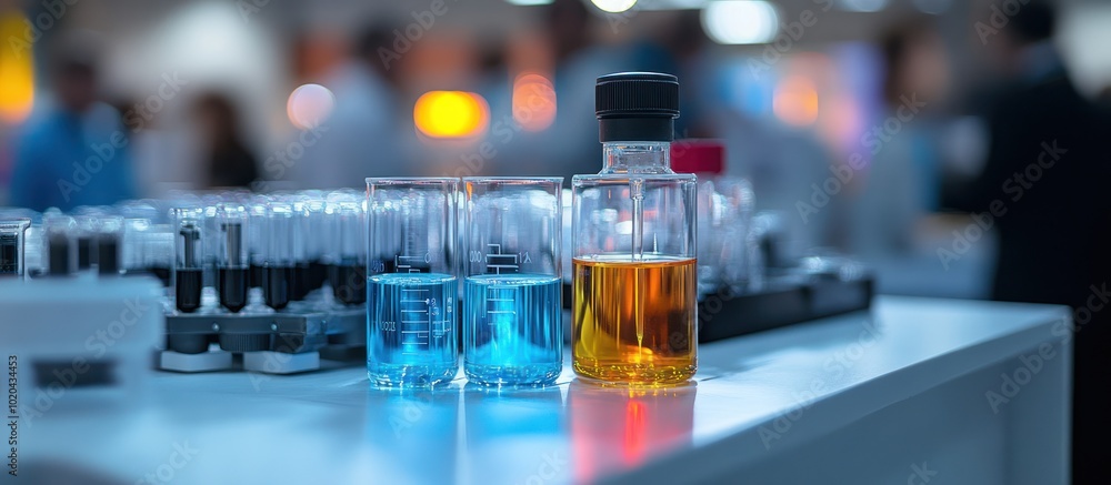 Poster laboratory glassware with colorful liquids on a table with blurred background.