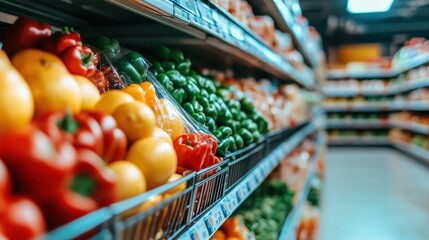 A plethora of vividly colored fruits and vegetables neatly arranged along the produce aisle, showcasing freshness with a focus on healthy, abundant selections.