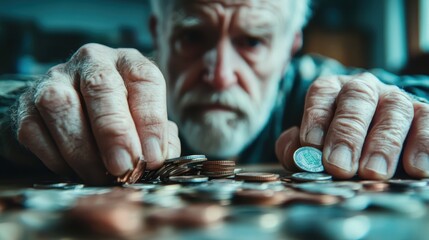 An elderly man concentrates on counting coins, with both hands on the table, symbolizing financial concern or budgeting in warm ambient light.