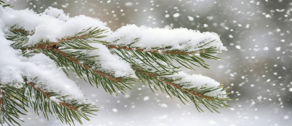 Poster in a snowfall background with a snowy spruce branch set against a blurred background
