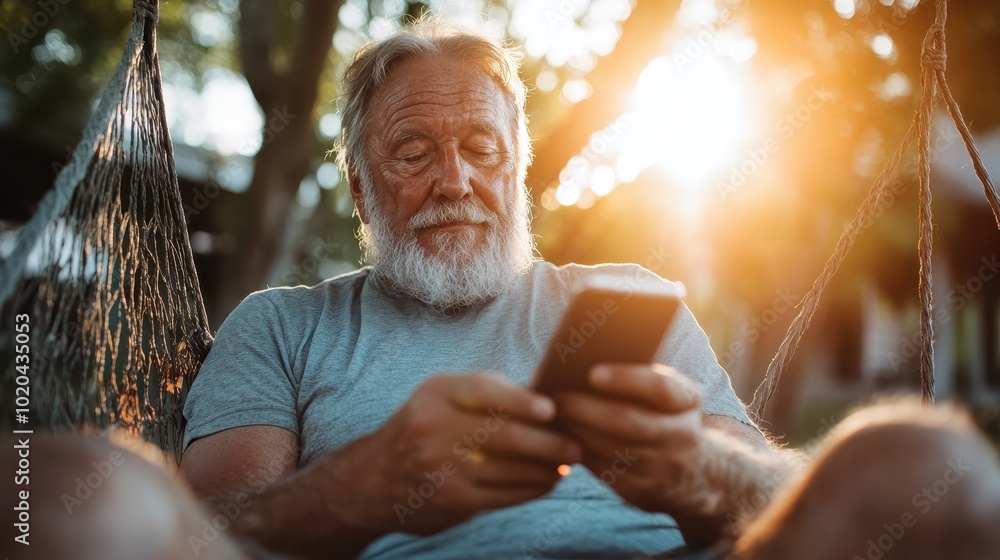 Poster an elderly man with a gray beard reclines in a hammock while attentively using his smartphone, enjoy