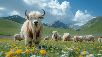 Obraz premium AI generator images of portrait of Yak bull with majestic horns grazing on the Himalaya mountains in Nepal on Annapurna circuit. Domestic animals of Nepal for meat, wool and land work.