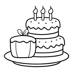 Birthday Cake outline coloring book page line art illustration.