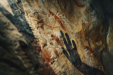 Ethereal cave painting with hand silhouette amidst graceful lines and creatures, evoking the mystique of ancient artistry.