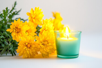 Candle and yellow daisies on a white background - Powered by Adobe