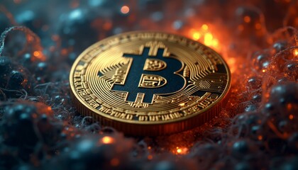 Gold Bitcoin Coin Surrounded by Beads Illustrating Cryptocurrency