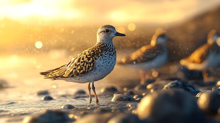 Obraz premium A shorebird stands on wet rocks at sunset, surrounded by a shimmering coastal environment.