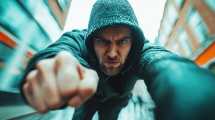 A close-up image shows a determined man in a hood throwing a punch directly at the camera, capturing intense focus and strong resolve in a dynamic pose.