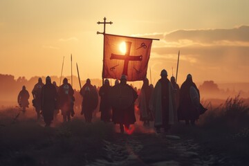 Silhouetted medieval soldiers march at sunset, a glowing banner with a cross leading their path, enveloped in mist and mystery.