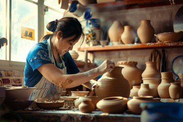 A dedicated potter diligently crafts a ceramic piece in a sunlit studio, surrounded by various pottery, reflecting tradition, skill, and artistic passion.