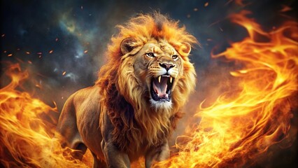 Fototapeta premium Ferocious Nemean Lion in Flames and Destruction