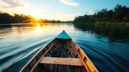 Fototapeta premium View from a boat pointing towards a vivid sunrise, with a lake stretching into the distance surrounded by lush greenery, symbolizing new beginnings and hope.
