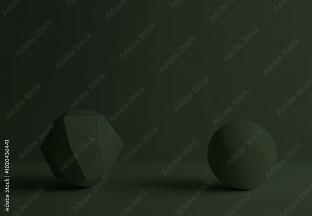 Poster an abstract background featuring abstract shapes such as spheres and cylinders on a dark green backg