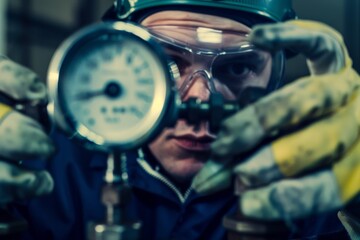 A technician in safety gear carefully adjusts a pressure gauge in an industrial environment, signifying expertise and precision.
