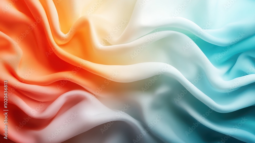 Poster this abstract image features a flowing fabric with bright orange, red, and teal shades, creating a h