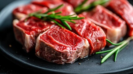 Fototapeta premium Plaintively marbled raw beef slices artistically paired with sprigs of rosemary, prominently displayed on a glossy black plate, inviting an exploration of culinary delights.