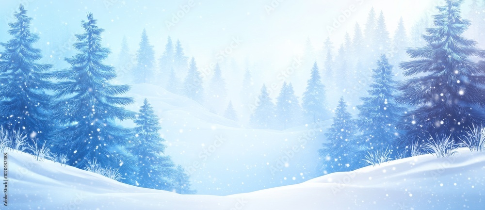 Poster an image of snowy spruce branches on a blurred background during a snowfall in the forest.