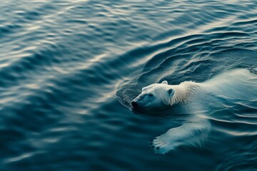 Naklejka premium Polar bear gracefully swims in deep blue waters, creating a sense of fluidity and strength in the quiet, expansive Arctic ocean.