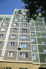 Cityscape of Russia. Panel house of the Soviet Union, old architecture of the building in the brutalism style