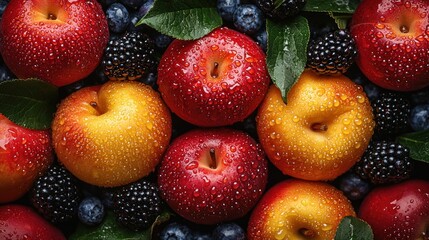 Close-up of fresh plums and berries with water droplets Generative AI