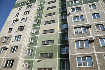 Cityscape of Russia. Panel house of the Soviet Union, old architecture of the building in the brutalism style