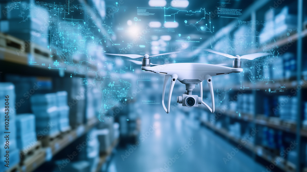 Poster a conceptual image of medical logistics, showing automated systems and drones managing the distribut