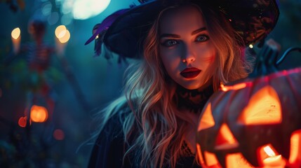 young woman dressed as a witch with a wide-brimmed black hat, dark red lipstick, and subtle makeup stares intensely while holding a glowing jack-o'-lantern