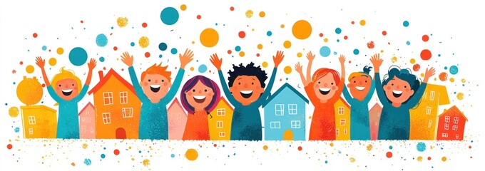 Obraz premium Colorful illustration of happy children raising hands in front of houses with playful confetti and bubbles in the air Generative AI